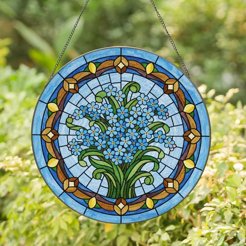 Blue Forget-Me-Not Flowers Tiffany Stained Glass Mosaic Art Translucent Jewel Tones Stained Glass Suncatcher