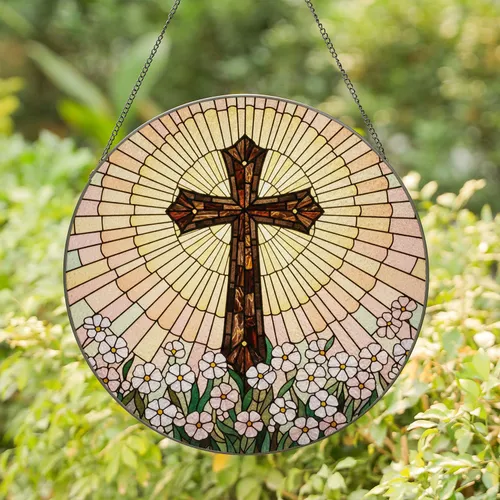 Christian Cross Stained Glass Wildflowers Sunburst Mosaic - Radiant Tiffany Style Art Stained Glass Suncatcher