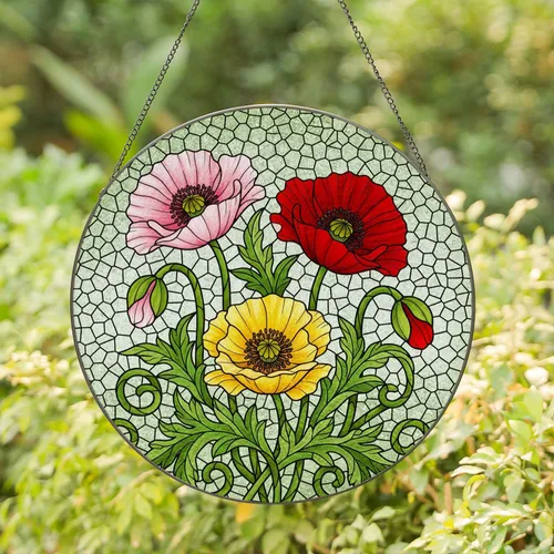 Crimson Red Pink Yellow Poppy Flowers Stained Glass - Glowing Tiffany Style Mosaic Art Stained Glass Suncatcher