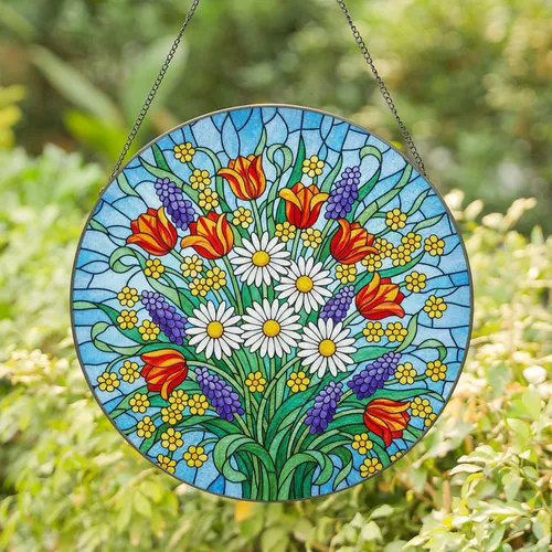 Stained Glass Spring Flower Bouquet Daisy Tulip Hyacinth Mosaic Blue Sky Tiffany Art Stained Glass Suncatcher