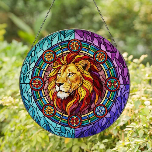 Lion Head Stained Glass Art - Tiffany Style Multi-Color Mane Mosaic Design Stained Glass Suncatcher