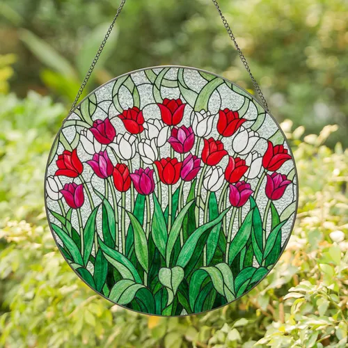 Vibrant Tulips Stained Glass Mosaic - Tiffany Style Floral Window Artwork Decor Stained Glass Suncatcher