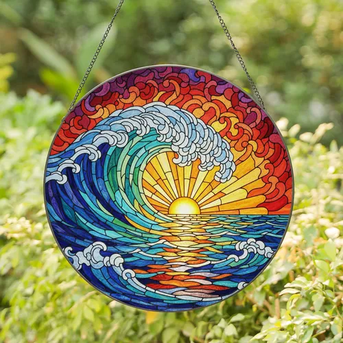 Tiffany Style Stained Glass Ocean Wave Sunset - Vibrant Jewel Tone Seascape Art Stained Glass Suncatcher