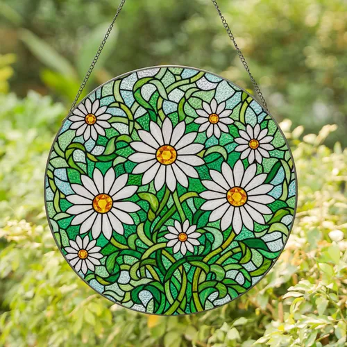 Stained Glass Daisy Flowers Green Leaves Mosaic - Tiffany Style Floral Window Art Stained Glass Suncatcher