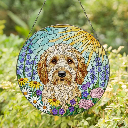 Fluffy Goldendoodle Stained Glass Flowers Sun & Sky - Tiffany Jewel Tone Dog Art Stained Glass Suncatcher