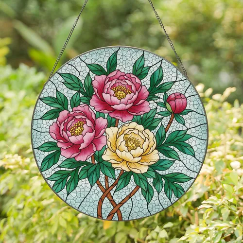 Stained Glass Tiffany Style Peony Flowers Art - Pink Yellow Emerald Green Leaves Stained Glass Suncatcher