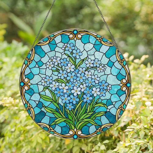 Forget-me-not Flowers Stained Glass with Ornate Jewel Border - Tiffany Style Home Decor Stained Glass Suncatcher