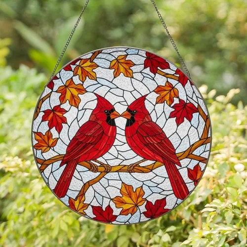 Northern Cardinal Birds Stained Glass - Autumn Leaves Mosaic Tiffany Art Home Decor Stained Glass Suncatcher