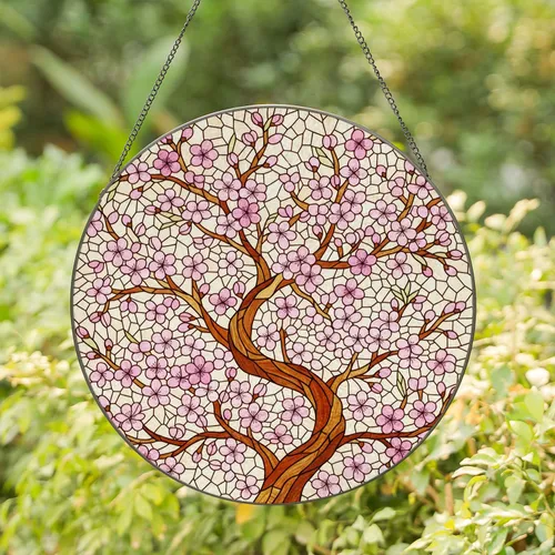 Pink Cherry Blossom Stained Glass Gnarled Branch Tiffany Mosaic Spring Decor Gift Stained Glass Suncatcher