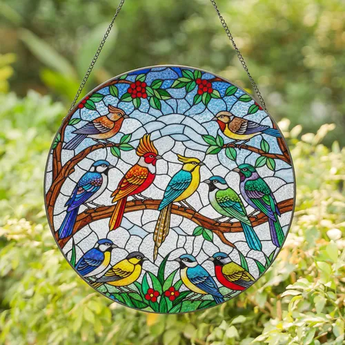 Stained Glass Birds Tree Branch - Tiffany Style Jewel Tones Mosaic Home Art Decor Stained Glass Suncatcher