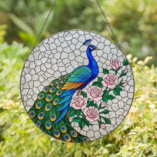 Majestic Peacock Pink Roses Stained Glass Mosaic - Iridescent Tiffany Window Decor Stained Glass Suncatcher