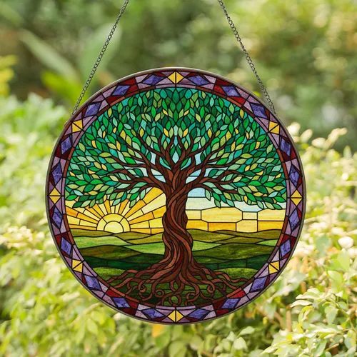 Tree of Life Stained Glass Mosaic - Tiffany Jewel Tone Sunrise Sunset Landscape Art Stained Glass Suncatcher