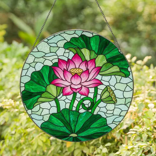 Highly Detailed Pink Lotus Flower Stained Glass - Emerald Green Leaves Aqua Mosaic Stained Glass Suncatcher