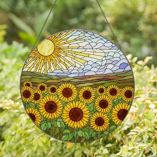 Glowing Translucent Tiffany Stained Glass Sunflowers Mosaic - Hills & Sky Decor Stained Glass Suncatcher