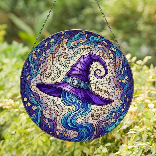 Dark Purple Witch's Hat Stained Glass Art - Swirling Energy Tiffany Style Mosaic Stained Glass Suncatcher