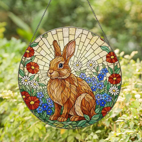 Stained Glass Fluffy Rabbit Wildflowers Mosaic - Glowing Tiffany Style Home Decor Art Stained Glass Suncatcher