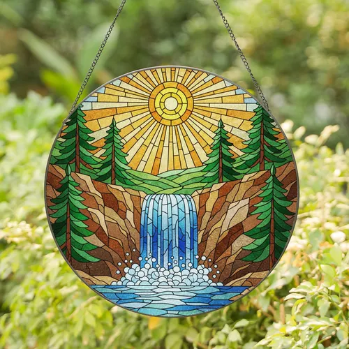 Stained Glass Waterfall Sun Pine Trees Cliffs Rolling Hills Jewel Tone Landscape Stained Glass Suncatcher