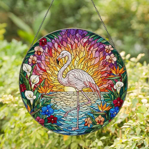 White Flamingo Tropical Flowers Sunset Water Mosaic - Jewel Tone Tiffany Stained Glass Art Stained Glass Suncatcher