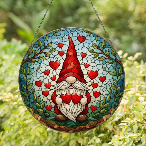 Jovial Gnome Red Hearts Stained Glass Window Decor Art - Intricate Mosaic Home Decor Stained Glass Suncatcher