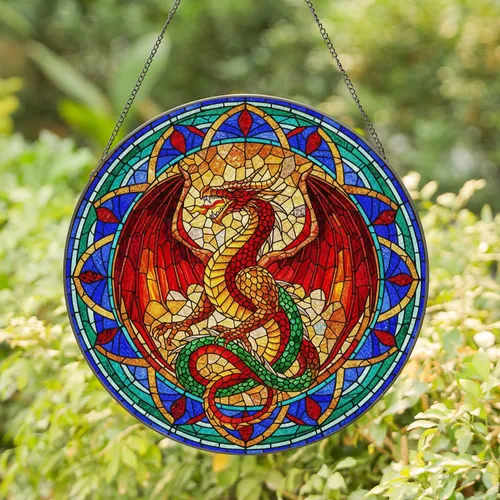 Dragon Stained Glass Roar - Horned Head, Spread Wings, Geometric Mosaic Translucent Stained Glass Suncatcher