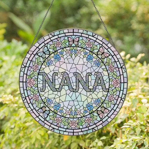 NANA Stained Glass Mosaic Pastel Flowers Butterflies - Tiffany Art Gift for Nana Stained Glass Suncatcher
