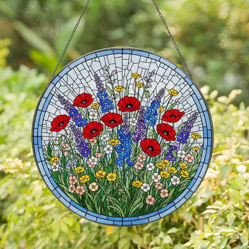 Tiffany Style Stained Glass Wildflower Garden - Poppy Lavender Delphinium Buttercup Mosaic Stained Glass Suncatcher