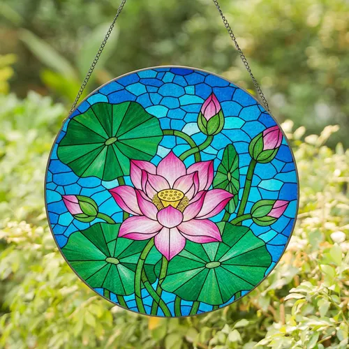 Pink Lotus Flower Yellow Center Tiffany Stained Glass Lily Pads Water Mosaic Stained Glass Suncatcher