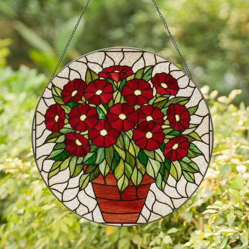 Tiffany Style Stained Glass Red Flowers Terracotta Pot Jewel Tone Mosaic Pattern Art Stained Glass Suncatcher