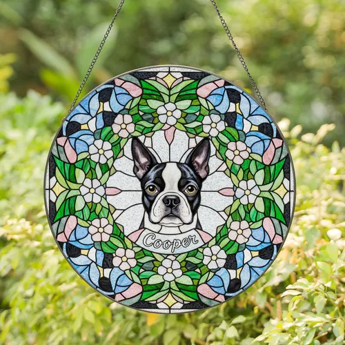 Boston Terrier Dog Stained Glass Art - Cooper, Tiffany Style Floral Mosaic Jewel Tones Stained Glass Suncatcher