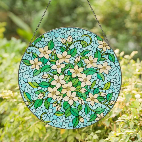Stained Glass Jasmine Flower Mosaic Art - Tiffany Style Floral Vines Green Leaves Buds Stained Glass Suncatcher