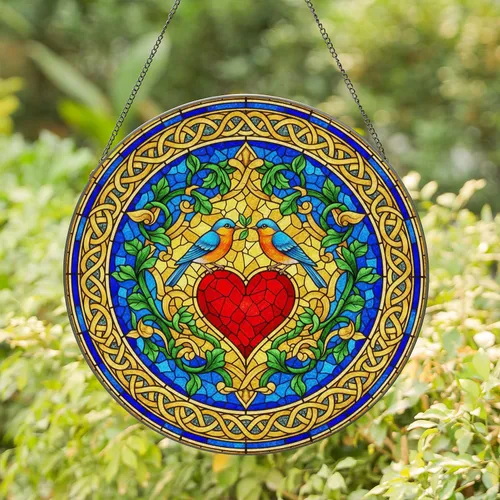 Colorful Birds Red Heart Celtic Knot Tiffany Stained Glass Mosaic Art Translucent Jewel Tones Stained Glass Suncatcher