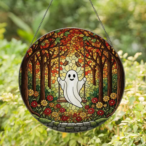 Ghost Rope Swing Autumn Forest Butterflies Tiffany Stained Glass Mosaic Panel Stained Glass Suncatcher