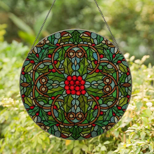 Highly Detailed Tiffany Style Red Holly Berries Green Leaves Stained Glass Mosaic Stained Glass Suncatcher