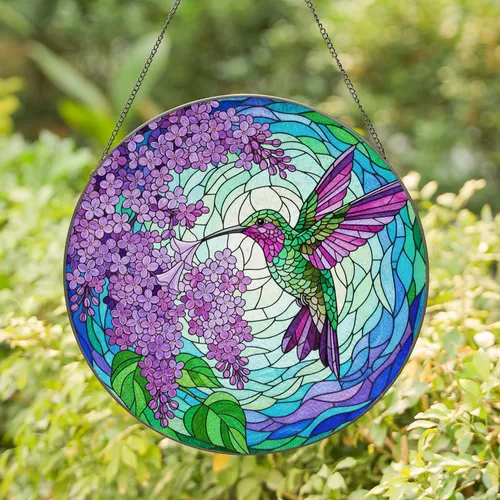 Hummingbird Lilac Flowers Stained Glass Mosaic - Tiffany Style Translucent Glowing Art Stained Glass Suncatcher