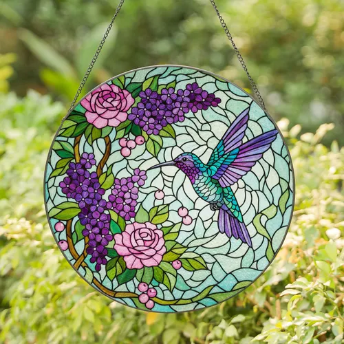 Iridescent Hummingbird Stained Glass Mosaic with Purple Pink Flowers & Green Leaves Stained Glass Suncatcher