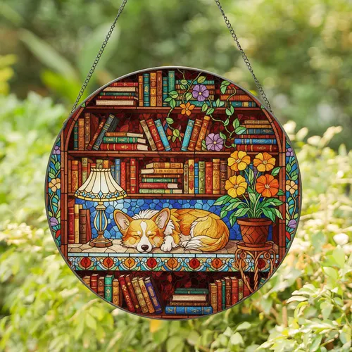 Sleeping Corgi Dog Bookshelf Stained Glass Detailed Lamp Plant Tiffany Window Accent Stained Glass Suncatcher