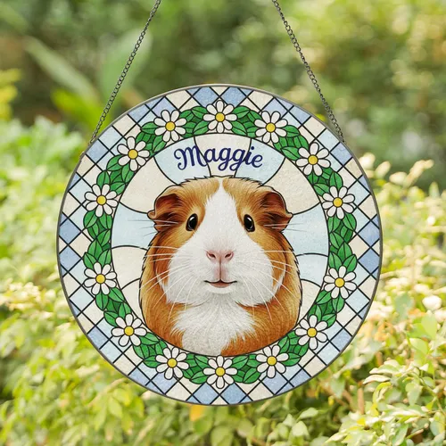Maggie Guinea Pig Stained Glass Daisy Wreath Geometric Mosaic Pet Lover Home Decor Gift Stained Glass Suncatcher