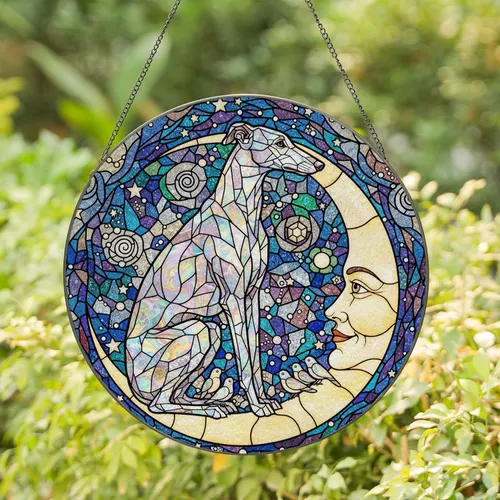 Greyhound Dog Moon Face Stained Glass Art - Iridescent Starry Night Sky Jewel Tones Stained Glass Suncatcher