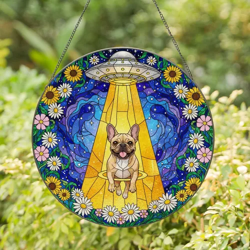 French Bulldog UFO Tractor Beam Alien Stained Glass Flowers Night Sky Dog Lover Gift Stained Glass Suncatcher