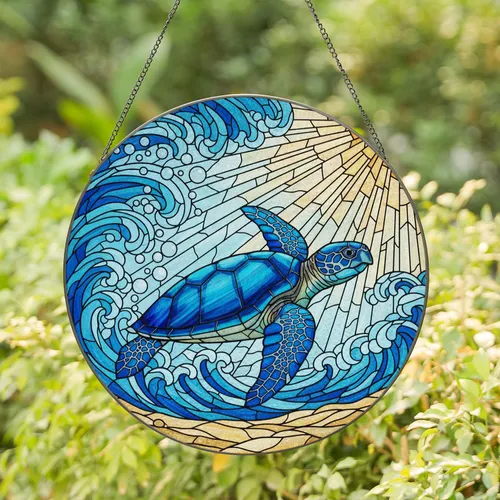 Blue Sea Turtle Stained Glass Tiffany Style Ocean Waves Sun Mosaic Jewel Tones Stained Glass Suncatcher