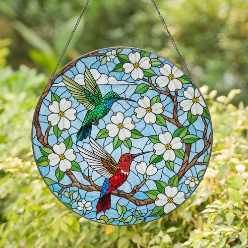 Two Hummingbirds Dogwood Flowers Stained Glass Mosaic – Glowing Tiffany Jewel Tone Art Stained Glass Suncatcher