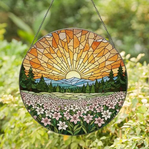 Pink White Lilies Sunset Mountain Evergreen Trees Tiffany Glass Style Home Decor Stained Glass Suncatcher