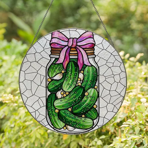 Tiffany Style Stained Glass Mason Jar Green Pickles Iridescent Bow Kitchen Decor Gift Stained Glass Suncatcher