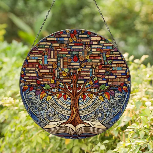 Tiffany Stained Glass Tree of Knowledge Book Stacks & Mosaic Academic Art Gift Stained Glass Suncatcher