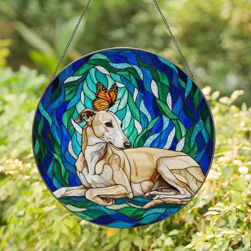 Whippet Dog Monarch Butterfly Tiffany Style Stained Glass Organic Mosaic Home Decor Gift Stained Glass Suncatcher