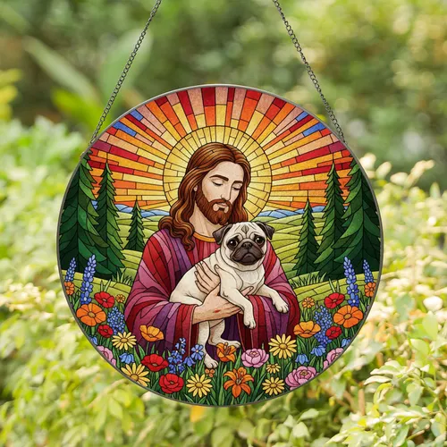 Jesus Christ Holding Pug Dog Wildflowers - Tiffany Glass Style Religious Decor Gift Stained Glass Suncatcher
