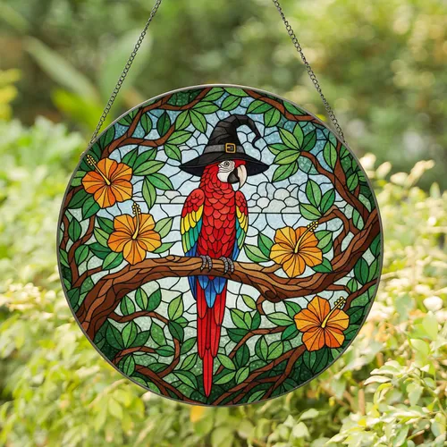 Macaw Parrot Witch Hat Stained Glass Tropical Flowers Mosaic Art - Glowing Tiffany Stained Glass Suncatcher