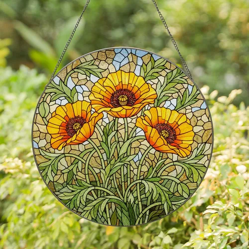 Stained Glass Poppy Flower Floral Art - Tiffany Jewel Tone Mosaic Garden Decor Gift Stained Glass Suncatcher
