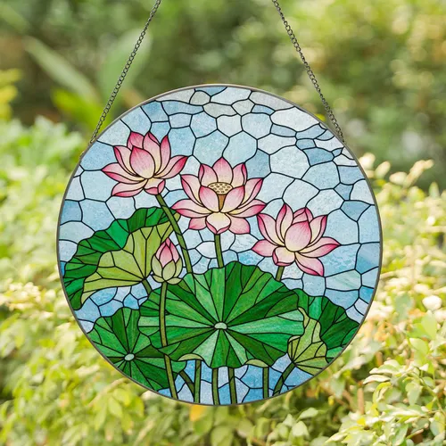 Blooming Lotus Flowers Stained Glass Mosaic Art - Detailed Seed Pod & Lotus Leaves Stained Glass Suncatcher