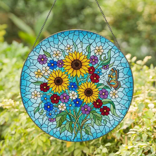 Tiffany Style Stained Glass Wildflower Suncatcher - Sunflower Butterfly Mosaic Art Stained Glass Suncatcher